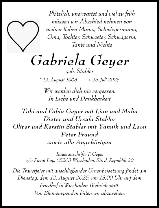 Traueranzeige von Gabriela Geyer von Wiesbadener Kurier