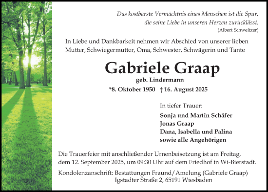 Traueranzeige von Gabriele Graap von Wiesbadener Kurier