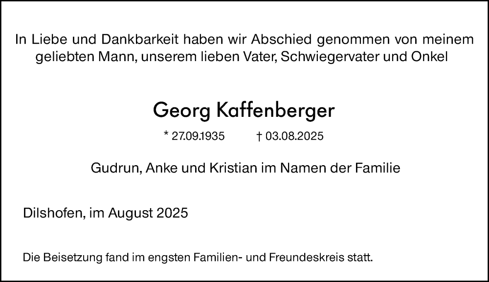  Traueranzeige für Georg Kaffenberger vom 16.08.2025 aus Darmstädter Echo