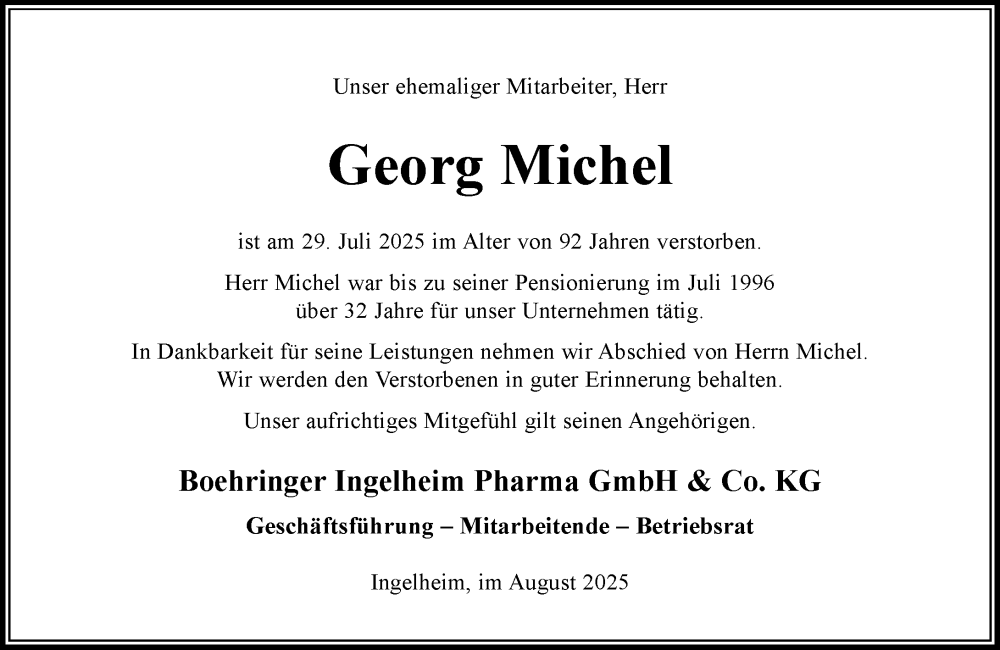  Traueranzeige für Georg Michel vom 14.08.2025 aus Allgemeine Zeitung Rheinhessen-Nahe