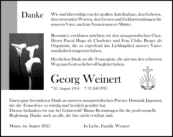 Traueranzeige von Georg Weinert von Allgemeine Zeitung Mainz