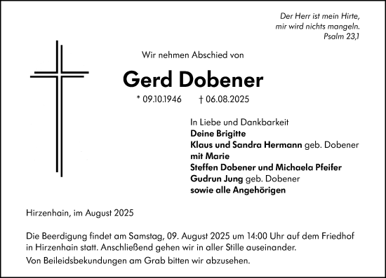 Traueranzeige von Gerd Dobener von Dill Block