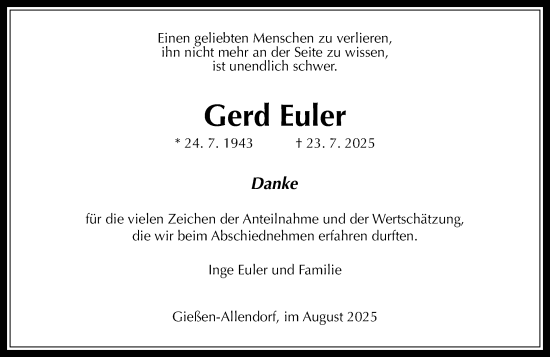 Traueranzeige von Gerd Euler von Wetzlarer Neue Zeitung