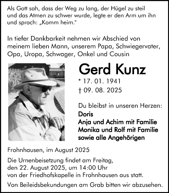 Traueranzeige von Gerd Kunz von Dill Block