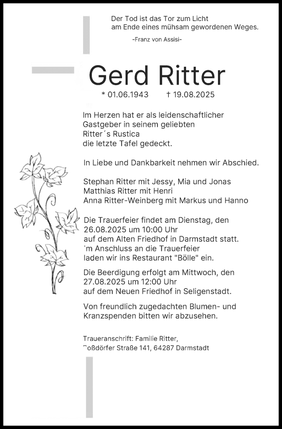 Traueranzeige von Gerd Ritter von Darmstädter Echo