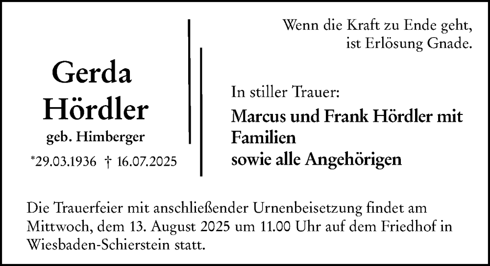  Traueranzeige für Gerda Hördler vom 02.08.2025 aus Wiesbadener Kurier