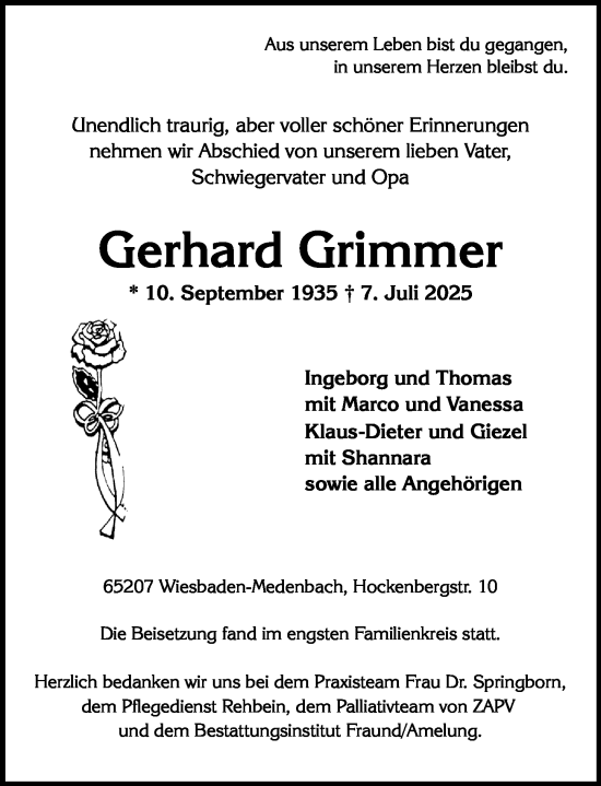 Traueranzeige von Gerhard Grimmer von Wiesbadener Kurier
