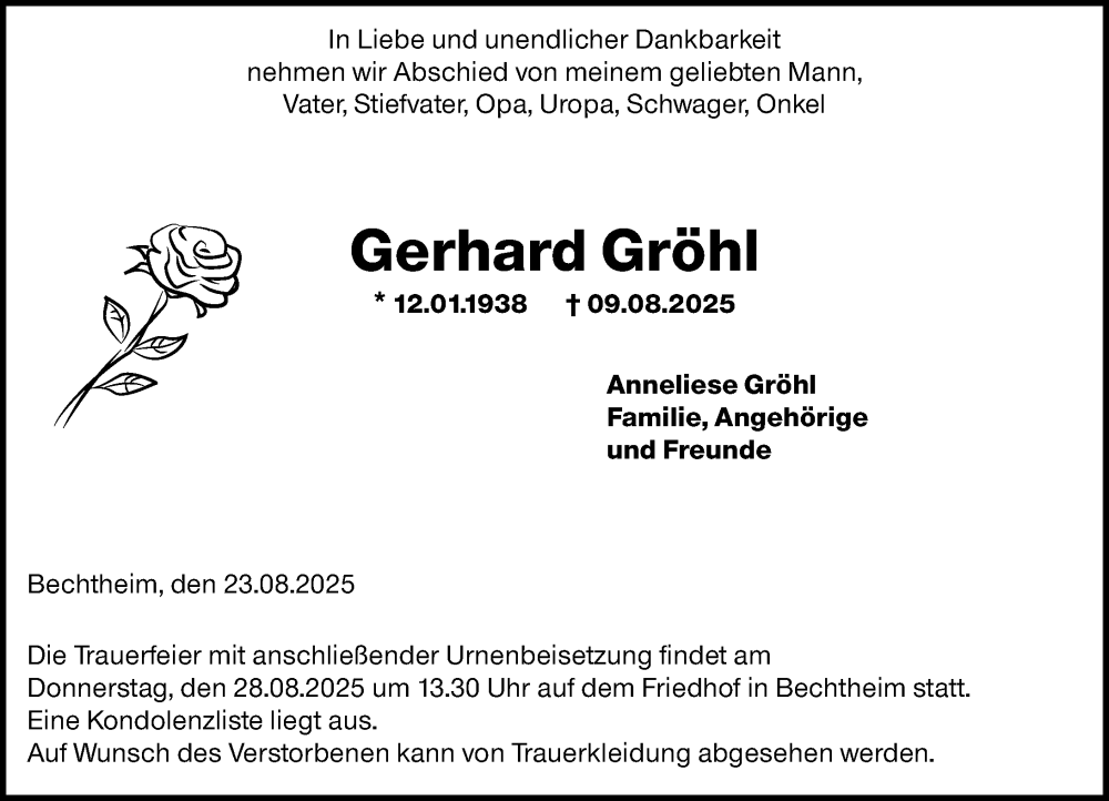  Traueranzeige für Gerhard Gröhl vom 23.08.2025 aus Wormser Zeitung