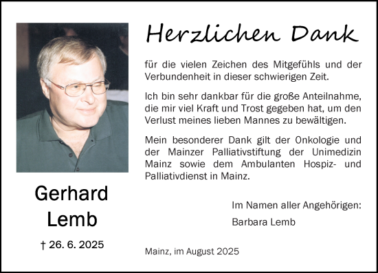 Traueranzeige von Gerhard Lemb von Allgemeine Zeitung Mainz