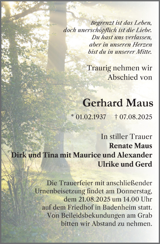 Traueranzeige von Gerhard Maus von Binger-/Ingelheimer Wochenblatt