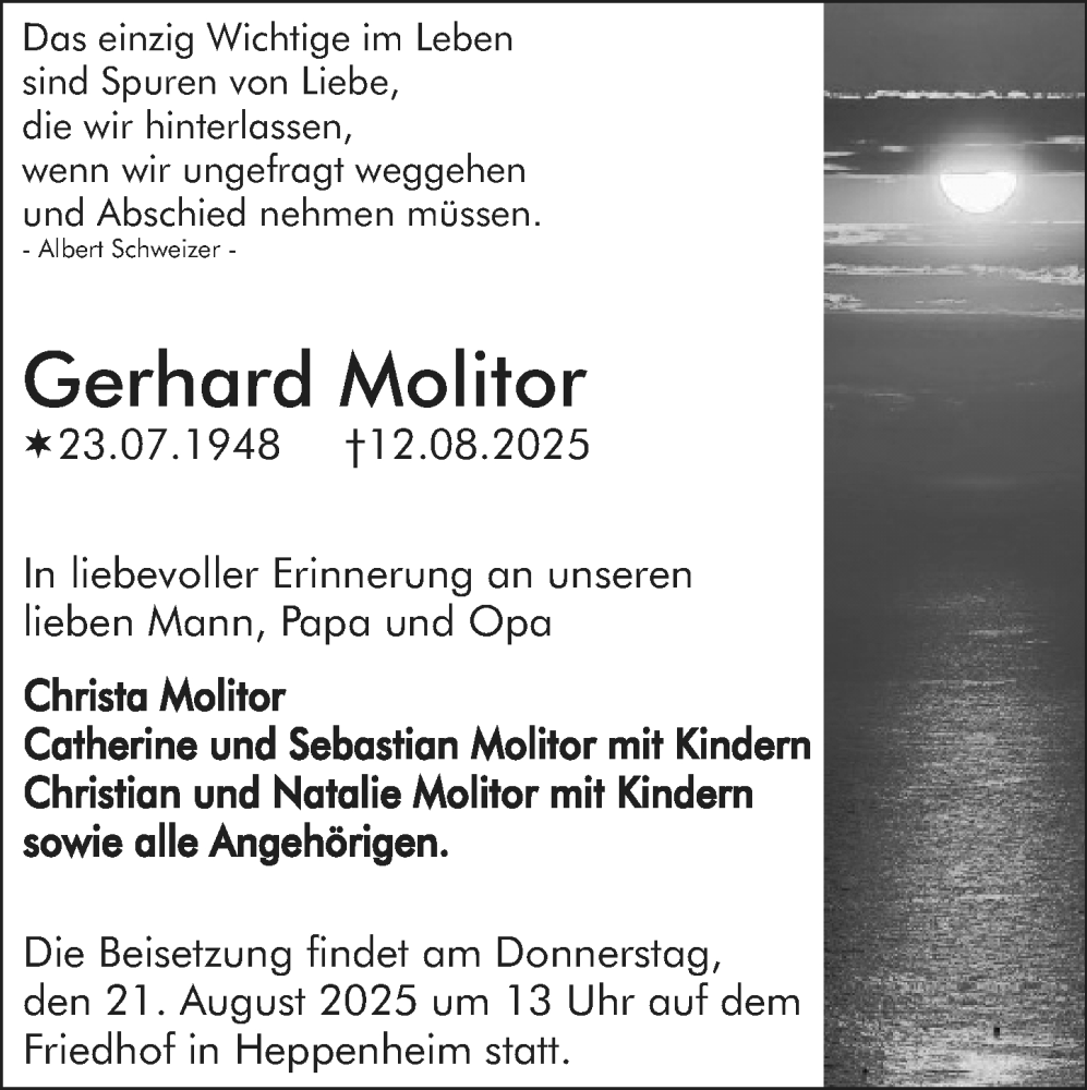  Traueranzeige für Gerhard Molitor vom 19.08.2025 aus Starkenburger Echo