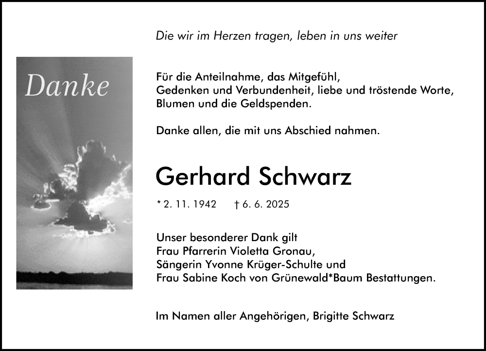  Traueranzeige für Gerhard Schwarz vom 09.08.2025 aus Allgemeine Zeitung Mainz