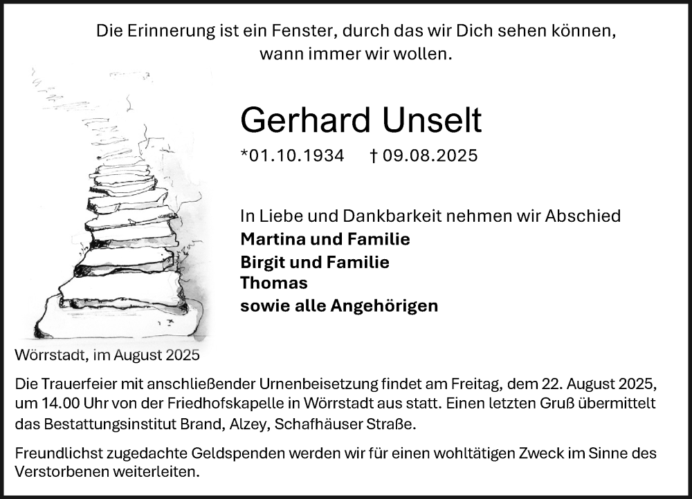  Traueranzeige für Gerhard Unselt vom 16.08.2025 aus Allgemeine Zeitung Alzey