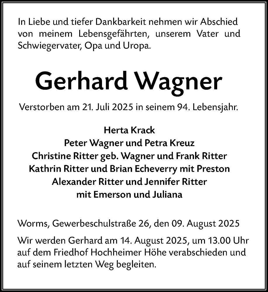  Traueranzeige für Gerhard Wagner vom 09.08.2025 aus Wormser Zeitung