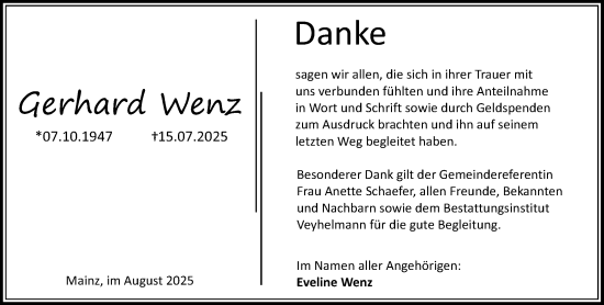 Traueranzeige von Gerhard Wenz von Allgemeine Zeitung Mainz