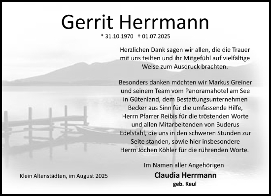 Traueranzeige von Gerrit Herrmann von Wetzlarer Neue Zeitung