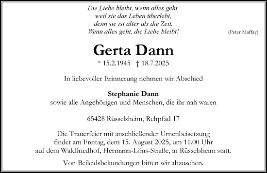 Traueranzeige von Gerta Dann von Rüsselsheimer Echo