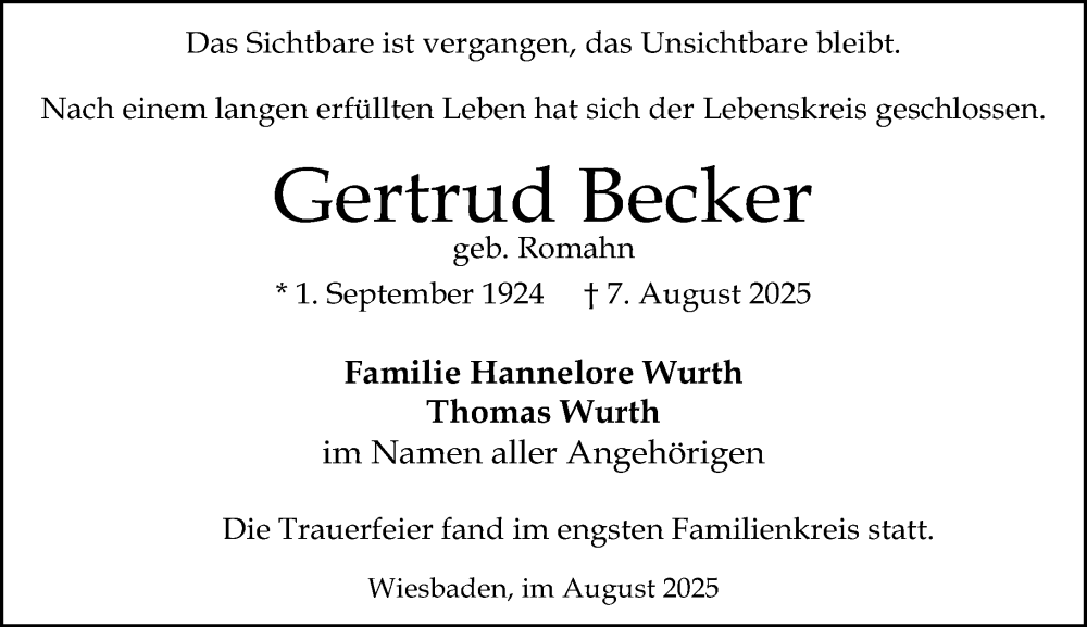  Traueranzeige für Gertrud Becker vom 23.08.2025 aus Wiesbadener Kurier