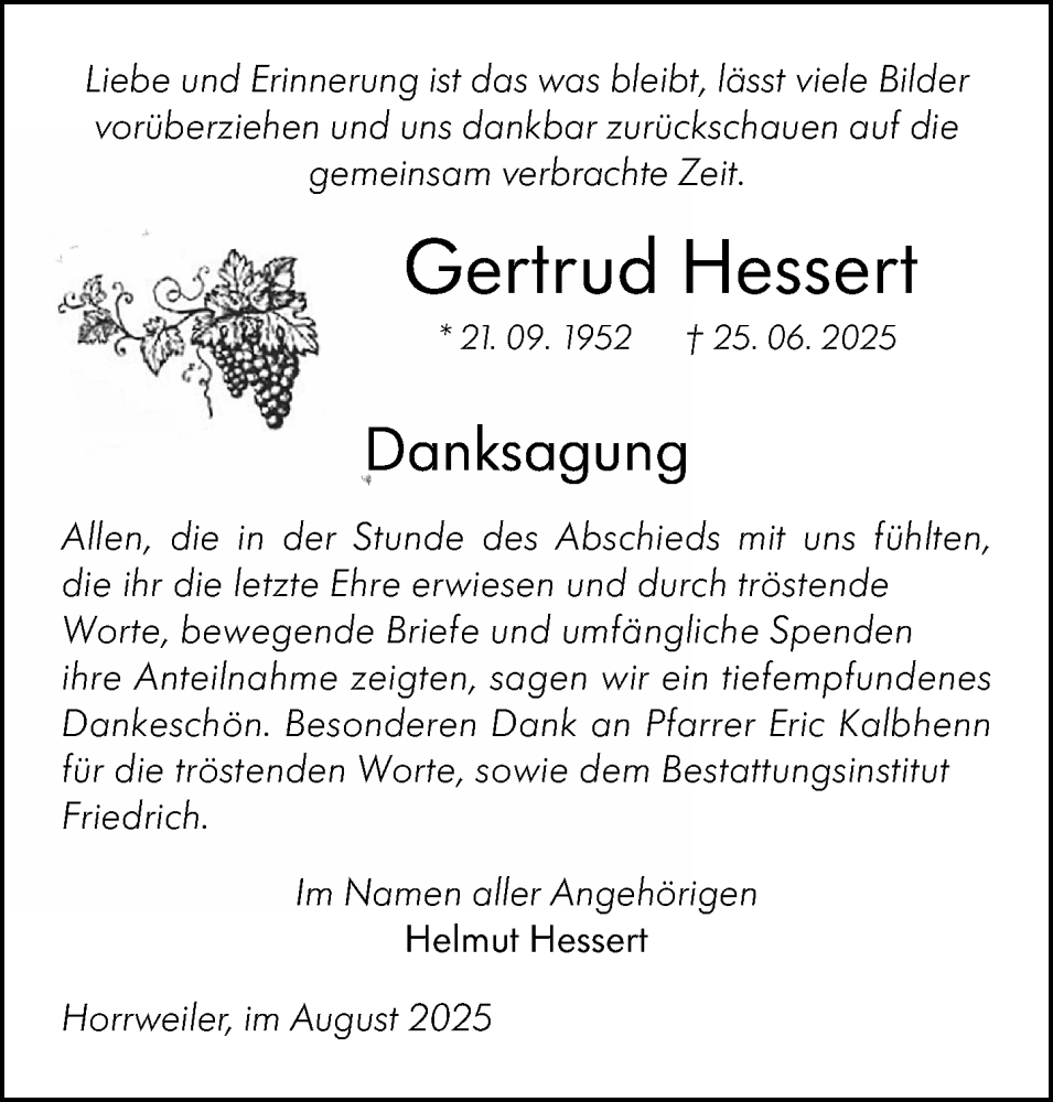  Traueranzeige für Gertrud Hessert vom 09.08.2025 aus Allgemeine Zeitung Rheinhessen-Nahe