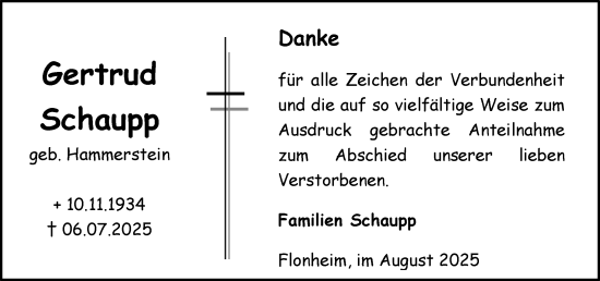Traueranzeige von Gertrud Schaupp von Allgemeine Zeitung Alzey
