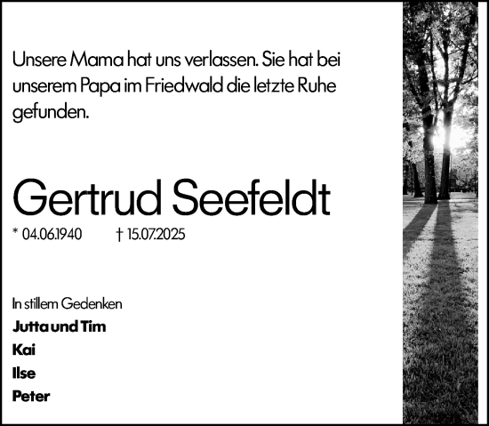 Traueranzeige von Gertrud Seefeldt von Darmstädter Echo