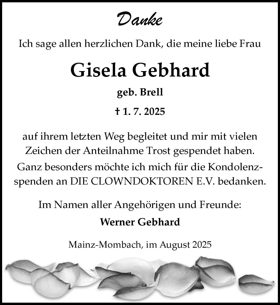  Traueranzeige für Gisela Gebhard vom 09.08.2025 aus Allgemeine Zeitung Mainz