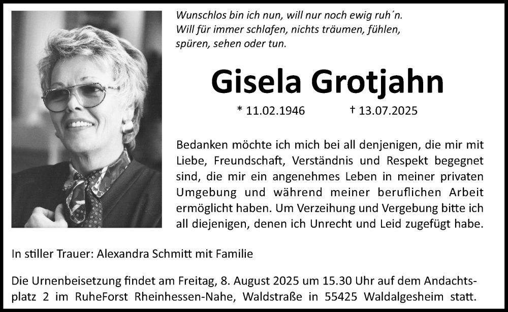  Traueranzeige für Gisela Grotjahn vom 02.08.2025 aus Allgemeine Zeitung Rheinhessen-Nahe