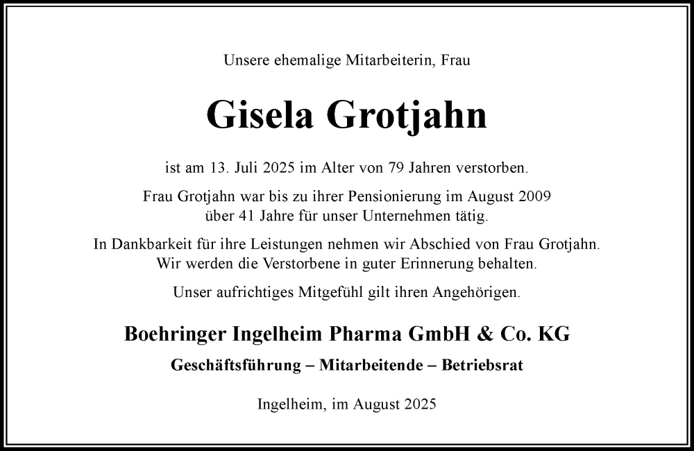  Traueranzeige für Gisela Grotjahn vom 07.08.2025 aus Allgemeine Zeitung Rheinhessen-Nahe