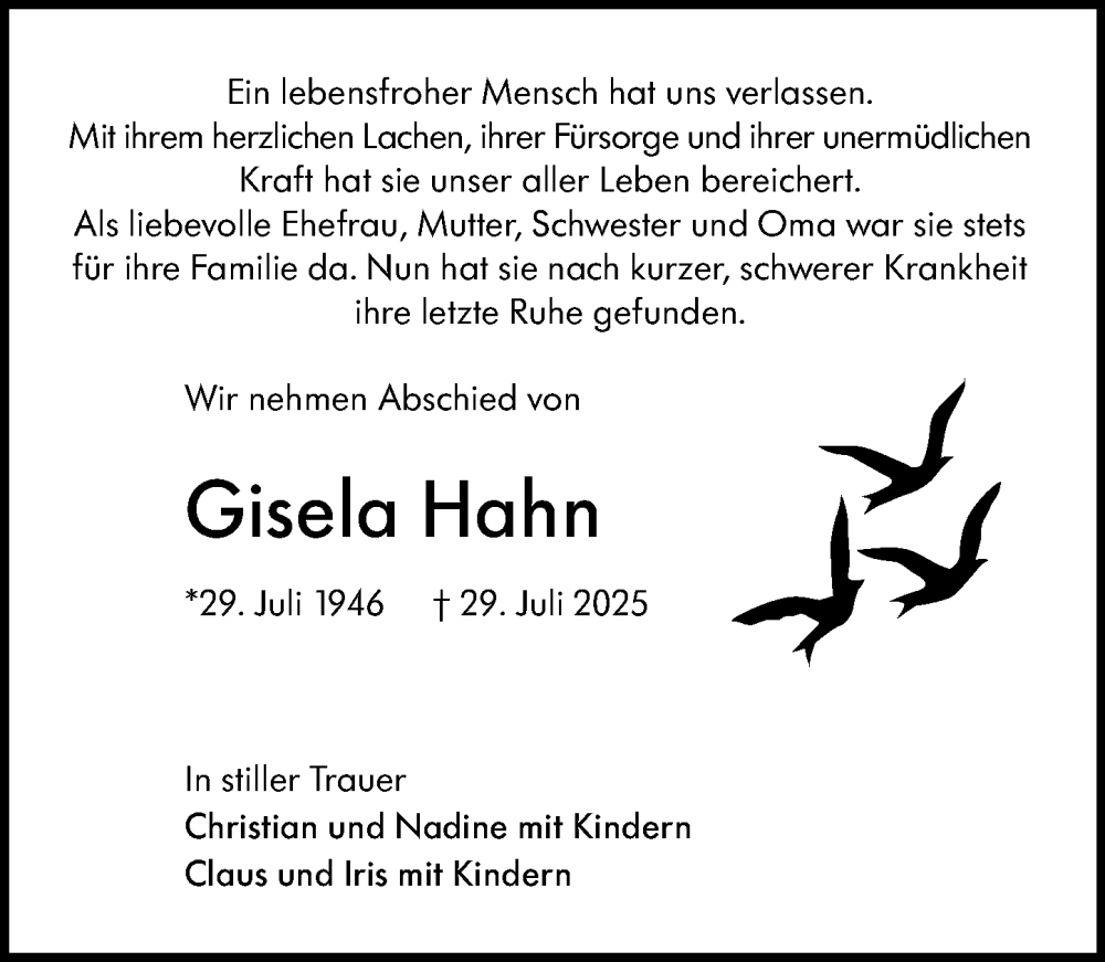  Traueranzeige für Gisela Hahn vom 16.08.2025 aus Darmstädter Echo