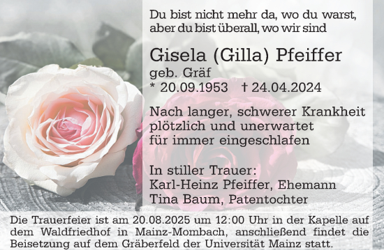 Traueranzeige von Gisela Pfeiffer von Allgemeine Zeitung Mainz