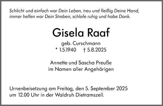 Traueranzeige von Gisela Raaf von Allgemeine Zeitung Alzey