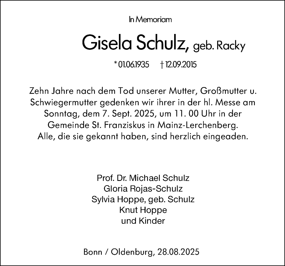  Traueranzeige für Gisela Schulz vom 28.08.2025 aus Allgemeine Zeitung Mainz