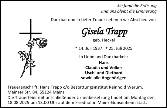 Traueranzeige von Gisela Trapp von Allgemeine Zeitung Mainz