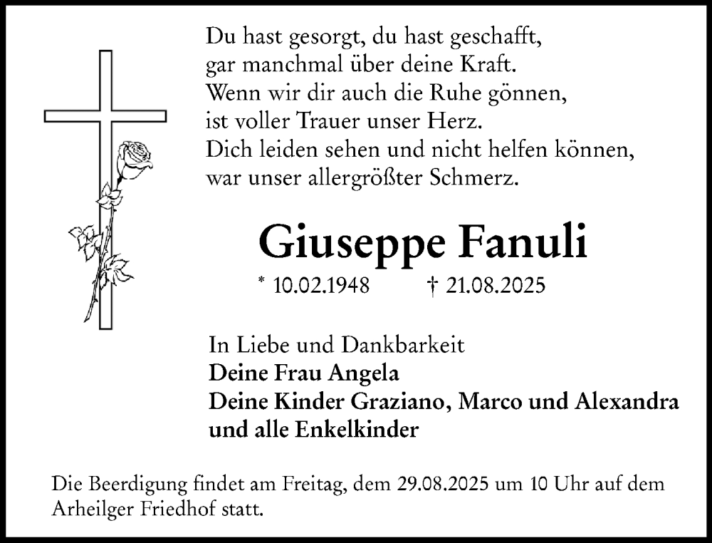  Traueranzeige für Giuseppe Fanuli vom 27.08.2025 aus Darmstädter Echo