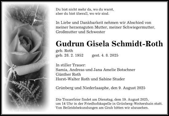 Traueranzeige von Gudrun Gisela Schmidt-Roth von Hinterländer Anzeiger