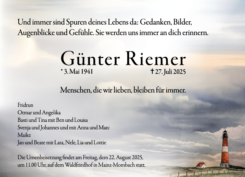  Traueranzeige für Günter Riemer vom 09.08.2025 aus Allgemeine Zeitung Mainz