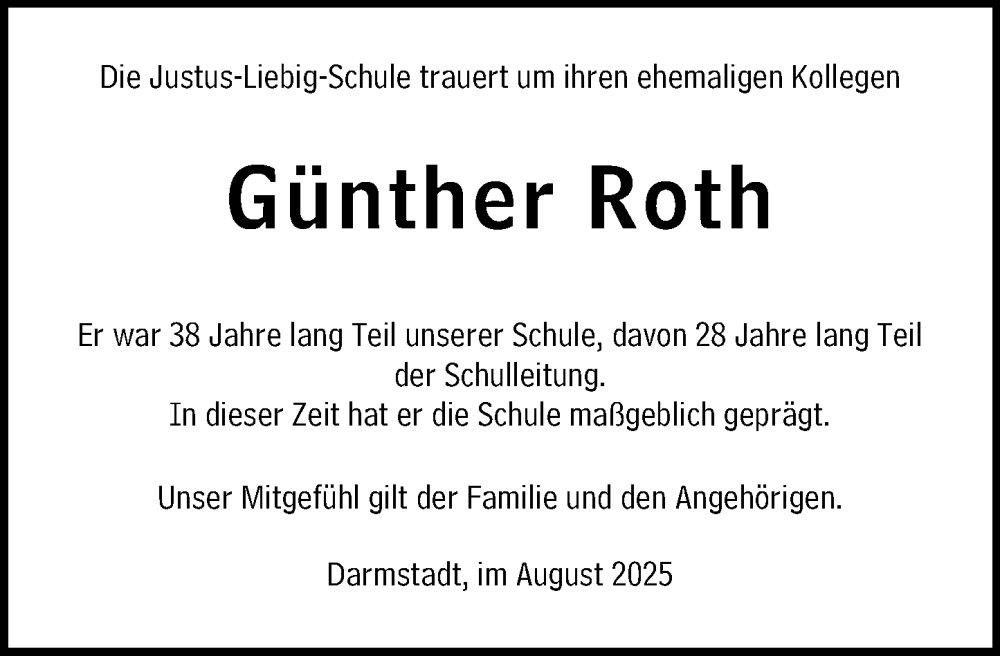  Traueranzeige für Günther Roth vom 23.08.2025 aus Darmstädter Echo