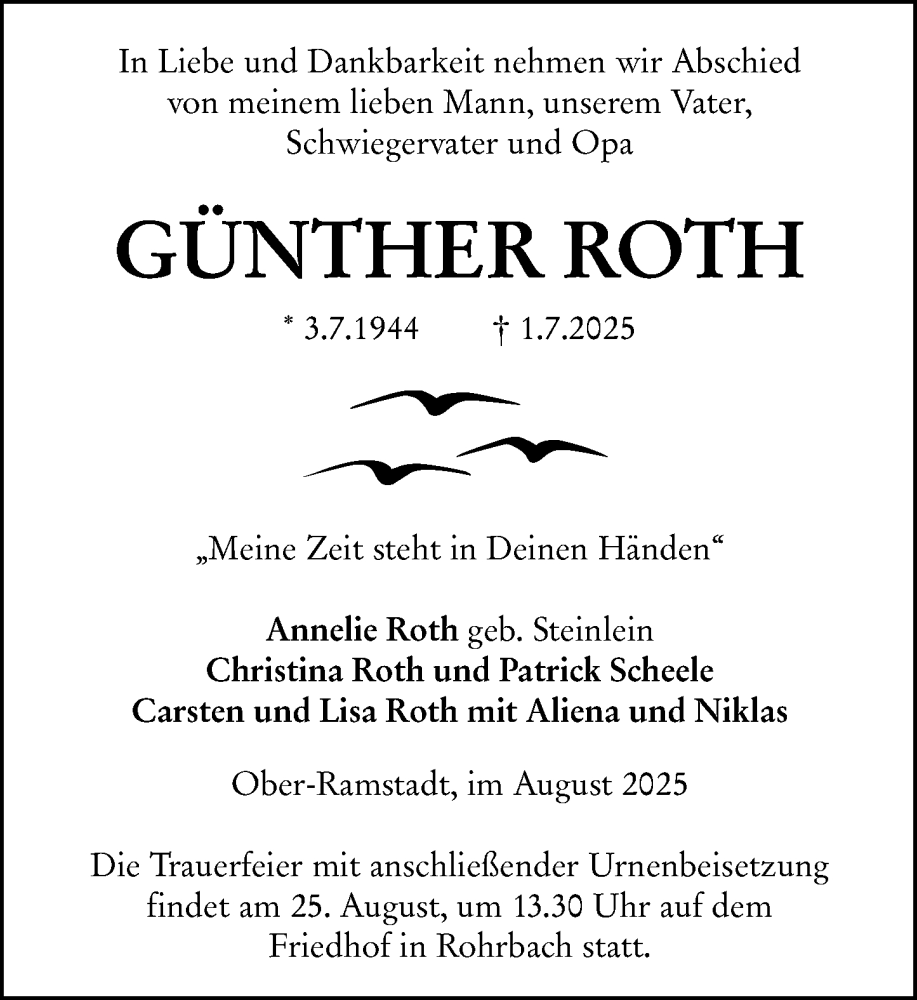  Traueranzeige für Günther Roth vom 16.08.2025 aus Darmstädter Echo