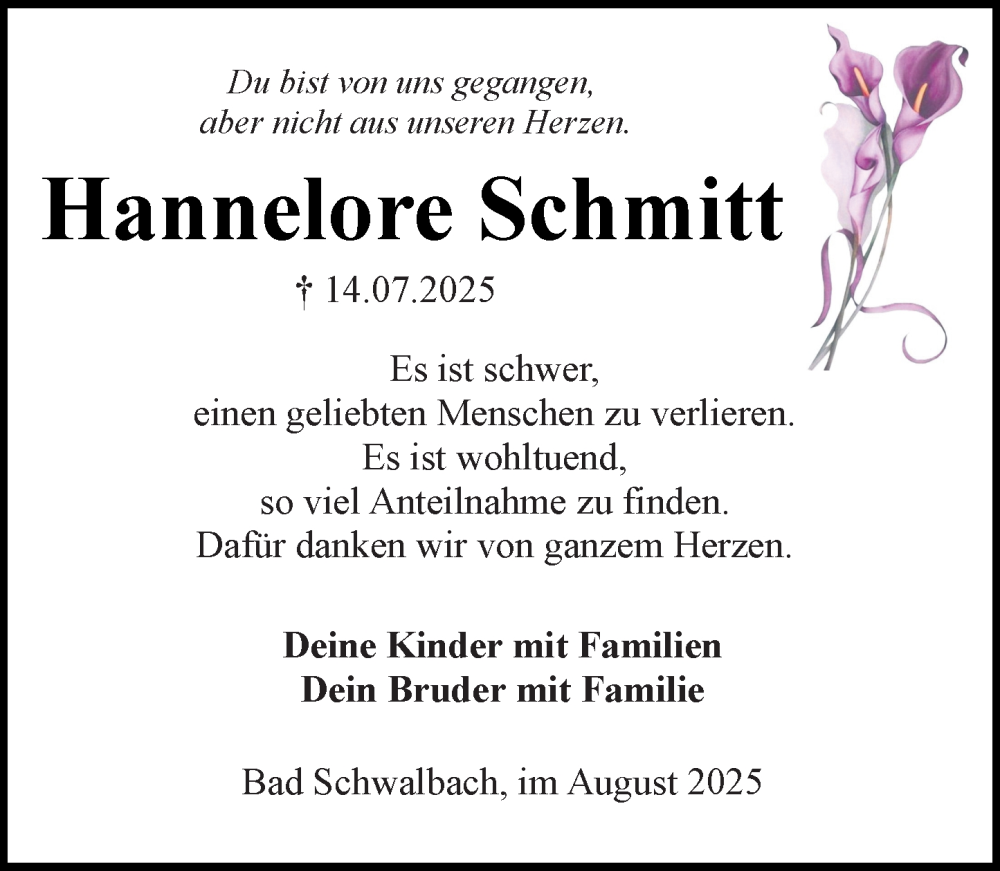  Traueranzeige für Hannelore Schmitt vom 16.08.2025 aus Wiesbadener Kurier