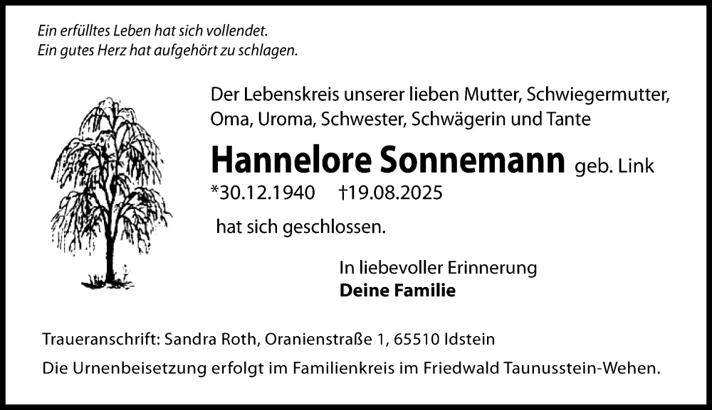  Traueranzeige für Hannelore Sonnemann vom 23.08.2025 aus Idsteiner Land/Untertaunus