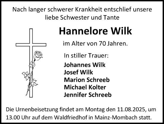 Traueranzeige von Hannelore Wilk von Allgemeine Zeitung Mainz