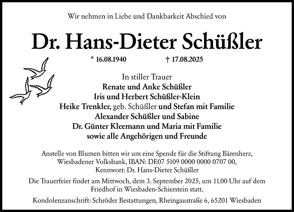  Traueranzeige für Hans-Dieter Schüßler vom 23.08.2025 aus Wiesbadener Kurier