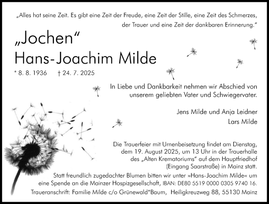 Traueranzeige von Hans-Joachim Milde von Allgemeine Zeitung Mainz