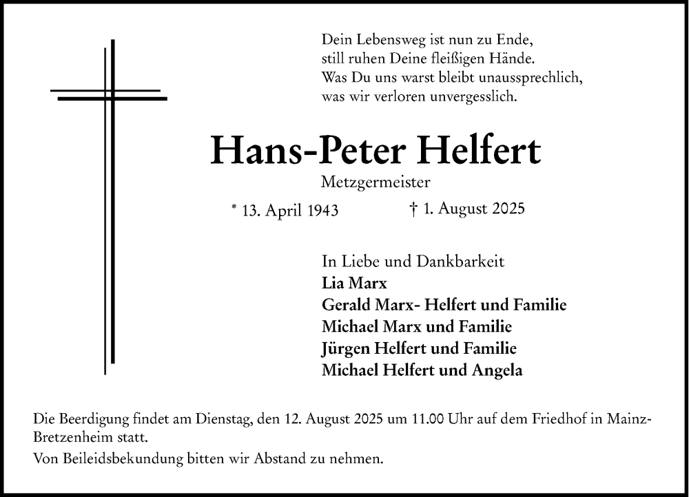  Traueranzeige für Hans-Peter Helfert vom 09.08.2025 aus Allgemeine Zeitung Mainz