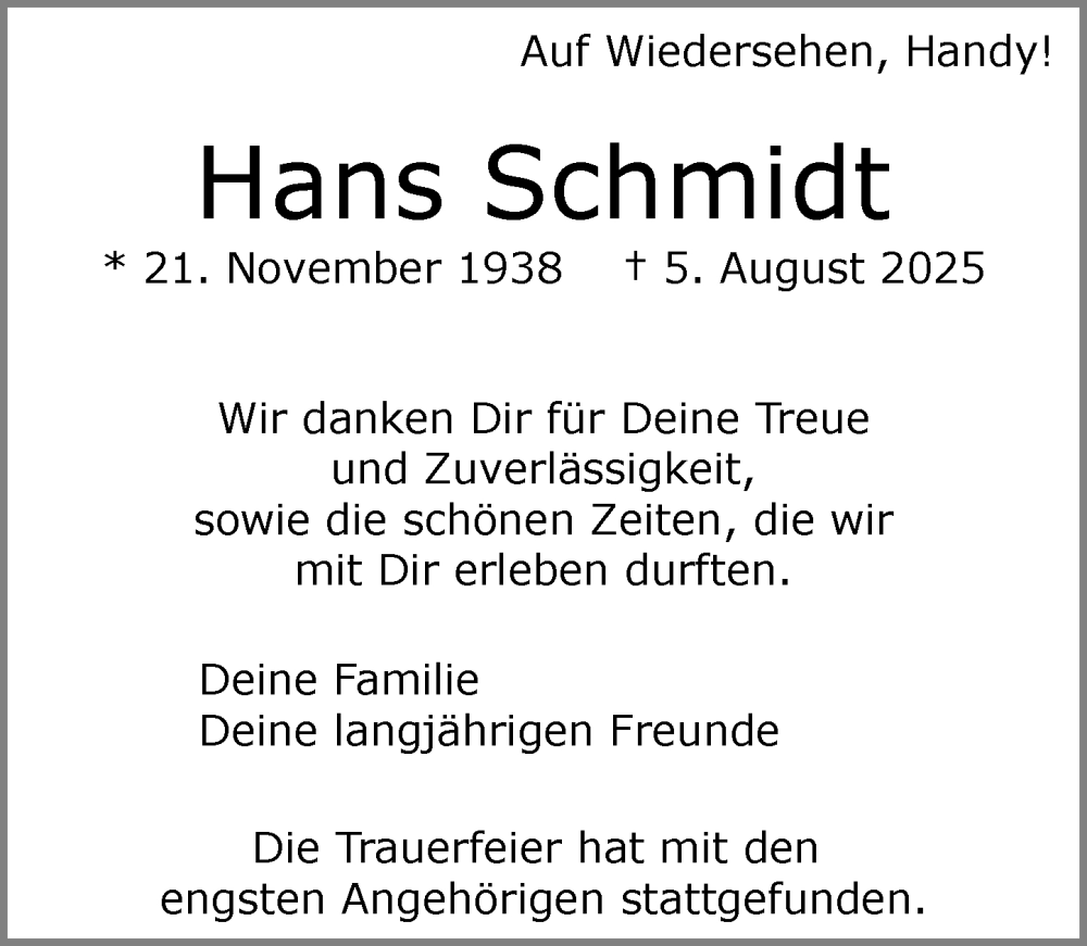  Traueranzeige für Hans Schmidt vom 16.08.2025 aus Wiesbadener Kurier