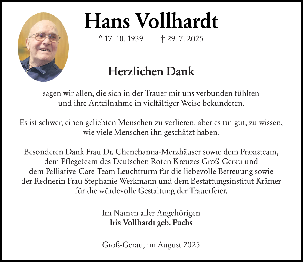  Traueranzeige für Hans Vollhardt vom 16.08.2025 aus Groß-Gerauer Echo