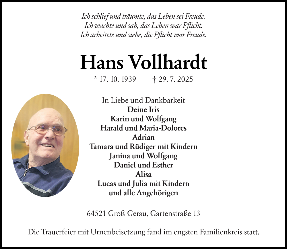  Traueranzeige für Hans Vollhardt vom 09.08.2025 aus Groß-Gerauer Echo