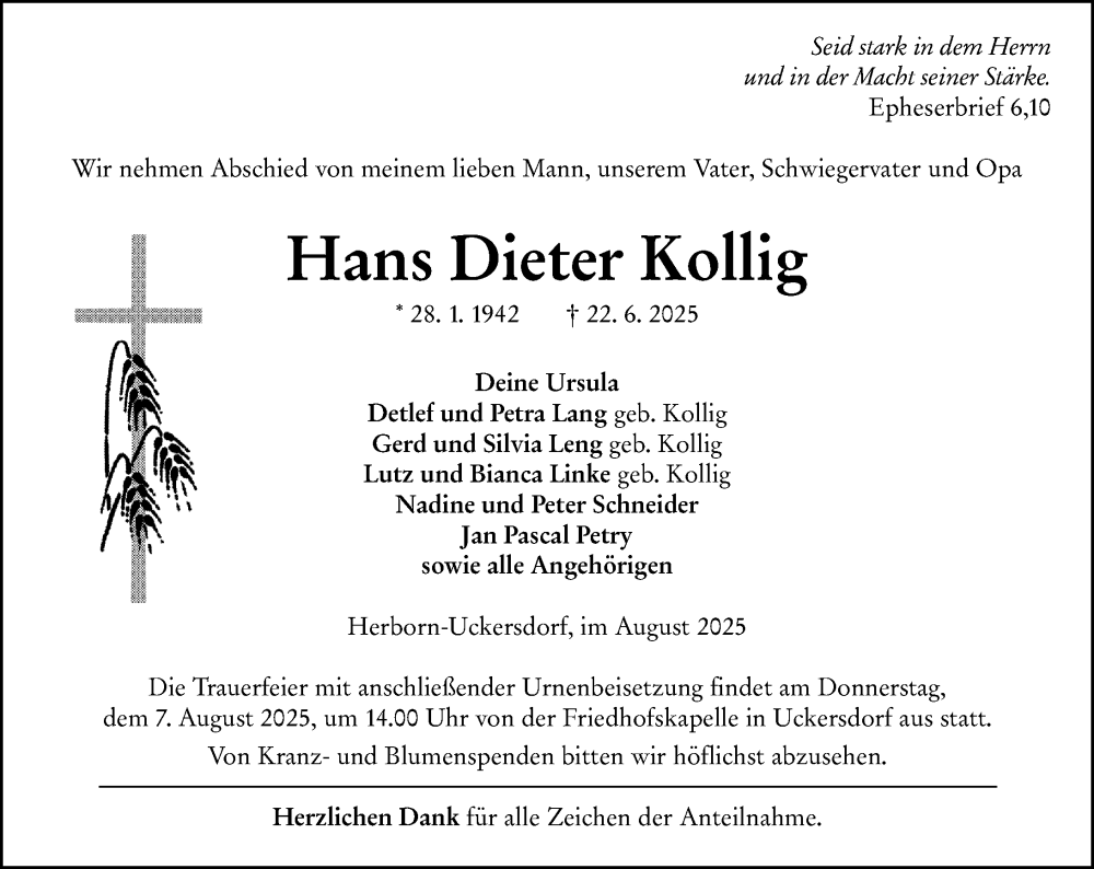  Traueranzeige für Hans Dieter Kollig vom 02.08.2025 aus Dill Block