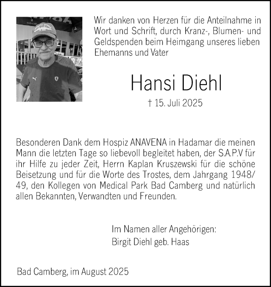 Traueranzeige von Hansi Diehl von Camberger Anzeiger