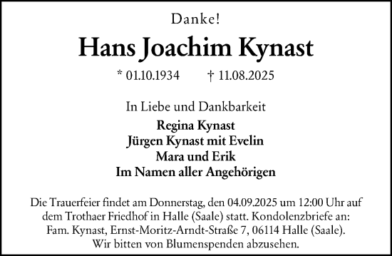 Traueranzeige von Hans Joachim Kynast von Darmstädter Echo